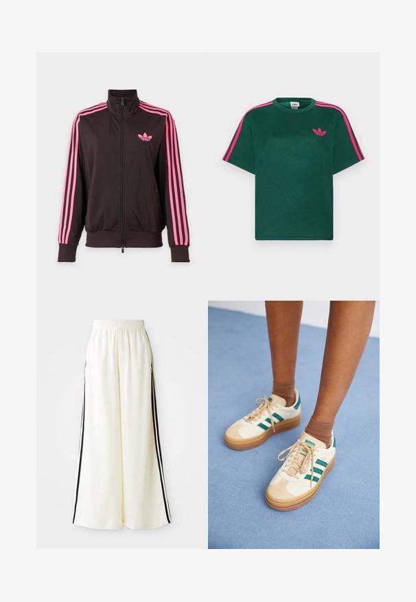 Čierna športová bunda na zips s ružovými pruhmi na rukávoch a ružovým logom Adidas na hrudi, zobrazená na jednoduchom pozadí.; Zelené tričko s krátkym rukávom s jasnoružovými pruhmi na ramenách a logom Adidas trefoil na hrudi.; Biele široké nohavice s elastickým pásom a čiernymi vertikálnymi pruhmi pozdĺž vonkajších švov.; Béžové tenisky s tmavozelenými pruhmi, gumenou podrážkou, zvrškom z semišu a textilu, a neutrálnym hardvérom, skombinované s hnedými ponožkami na svetlomodrom povrchu.