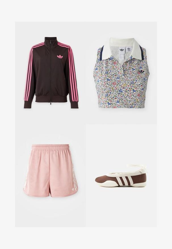 Zwarte sportjas met ritssluiting, roze strepen op de mouwen en een roze Adidas-logo op de borst, afgebeeld op een effen achtergrond.; Bloemige crop top met een witte basis en blauwe, rode en gele bloemen. Inclusief een witte kraag met marineblauwe accenten en een geborduurd logo.; Roze sport shorts met een elastische tailleband, witte zijstreepdetails en een klein logo aan de onderkant van de linkervoorzijde. Glad textuur van de stof.; Bruine en witte ballerinaschoenen met drie witte strepen en een strik om de enkel op een effen lichte achtergrond.