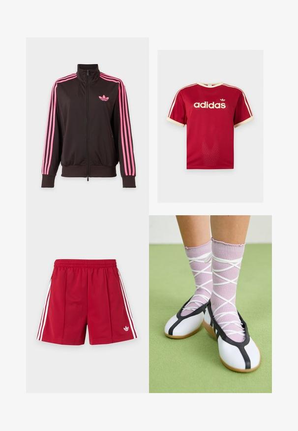 Čierna športová bunda na zips s ružovými pruhmi na rukávoch a ružovým logom Adidas na hrudi, zobrazená na jednoduchom pozadí.; Červené sieťované tričko Adidas s béžovým lemovaním na golieri, rukávoch a troch pruhmi na pleciach, s logom Adidas a textom na prednej strane.; Červené atletické šortky s elastickým pásom, bielymi bočnými pruhmi, vreckami so zipsom a malým bielym logom Adidas na prednej ľavej nohe.; Nohy v rebrovaných levanduľových ponožkách s bielymi krížovými pásmi v kombinácii s bielymi baletnými papučkami s čiernym lemom na zelenej podlahe.