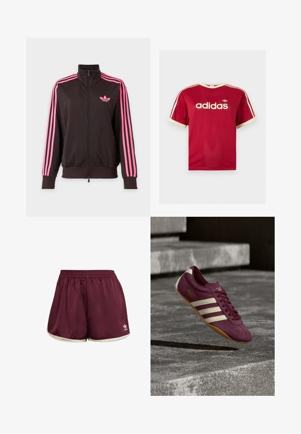 Sort sportstrøje med lynlås, rosa striber på ærmerne og et pink Adidas-logo på brystet, vist på en ensfarvet baggrund.; Rød Adidas mesh t-shirt med beige kant på krave, ærmer og de tre striber på skuldrene, med Adidas-logo og tekst på fronten.; adidas Originals SPRINTER - Shorts - maroon cream white; Lilla Adidas Tokyo sneaker med hvide striber og gummisål ser ud til at svæve over betonstrappen i blødt lys.