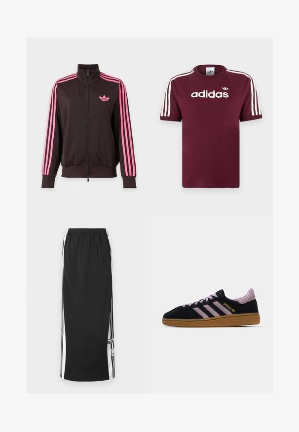 Melna sporta jaka ar rāvējslēdzēju, rozā svītrām uz piedurknēm un rozā Adidas logotipu uz krūtīm, attēlota uz vienmuļa fona.; Tumši sarkans kokvilnas t-krekls ar baltām svītrainām piedurknēm, krūšu rajonā ar baltu "adidas" logo un nelielu logotipu augšpusē.; Melna gara sporta svārka ar baltām sānu paneļiem un melnām svītrām, ar elastīgu jostasvietu un Adidas logotipa uzlika pie apakšējā apmales.; Melnas un rozā zamša kedas ar gumijas zoli, trīs rozā svītras, zelta "SPEZIAL" apdrukā un teksturēta gumijas zole. Zema tēla dizains.