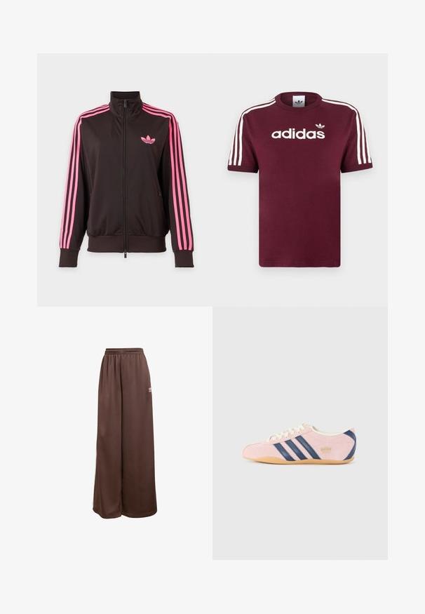 Čierna športová bunda na zips s ružovými pruhmi na rukávoch a ružovým logom Adidas na hrudi, zobrazená na jednoduchom pozadí.; Bordové bavlnené tričko s bielymi pruhovanými rukávmi, na hrudi s bielym logom "adidas" a malým logom nad ním.; adidas Originals Tepláky - auburn cream white; Svetloružové tenisky z semišu s námornícky modrými pruhmi a akcentmi. Majú svetložltý jazyk a šnúrky, s gumovou podrážkou.