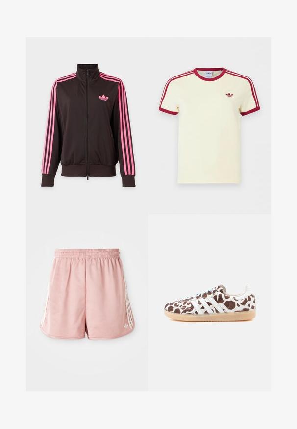 Chaqueta deportiva negra con cremallera, con rayas rosas en las mangas y un logo rosa de Adidas en el pecho, mostrada sobre un fondo sencillo.; Camiseta Adidas de manga corta color crema con cuello y puños de manga acanalados en rojo, tres rayas rojas en los hombros y logo trefoil de Adidas en rojo en el pecho.; Shorts deportivos rosas con cintura elástica, detalle de una franja blanca en los lados y un pequeño logo en la parte inferior izquierda delantera. Textura de tela suave.; Zapatillas marrones y blancas con un diseño de estampado de vaca, con tres rayas blancas, cordones azul claro y una suela de goma color caramelo.