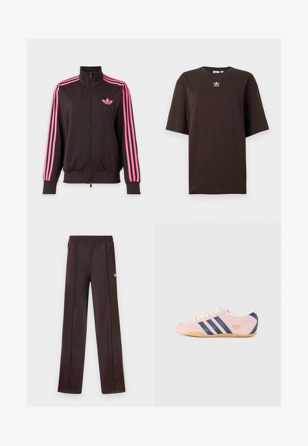 Sort sportstrøje med lynlås, rosa striber på ærmerne og et pink Adidas-logo på brystet, vist på en ensfarvet baggrund.; Mørkebrunt oversized Adidas T-shirt med korte ærmer og lille hvid Adidas-logo centreret under halsudskæringen.; Mørkebrune Adidas træningsbukser med elastik i taljen, sidelommer med lynlås og lille hvid Trefoil-logo på højre lår.; Lyserøde sneakers lavet af ruskind med marineblå Striber og detaljer. Har en lys cremefarvet tunge og snørebånd, samt en gummisål.