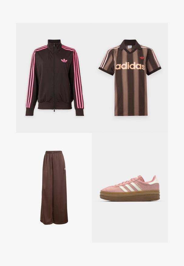 Sort sportstrøje med lynlås, rosa striber på ærmerne og et pink Adidas-logo på brystet, vist på en ensfarvet baggrund.; Brunstribet Adidas polo-shirt med V-hals, bordeaux krave og rødt logo. Har hvide og røde skulderstriber samt korte ærmer.; adidas Originals Træningsbukser - auburn cream white; adidas Originals GAZELLE BOLD - Sneakers - mauve/off white