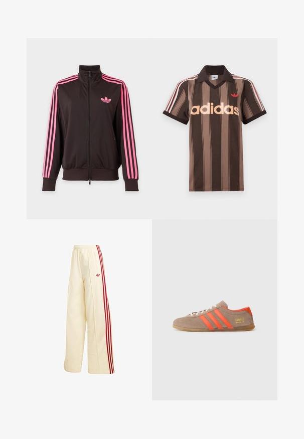 Schwarze Sportjacke mit Reißverschluss, pinken Streifen an den Ärmeln und einem pinken Adidas-Logo auf der Brust, dargestellt vor einem schlichten Hintergrund.; Braunes gestreiftes Adidas-Poloshirt mit V-Ausschnitt, bordeauxrotem Kragen und rotem Logo. Mit weißen und roten Schulterstreifen, kurzen Ärmeln.; Cremefarbene weite Trainingshose mit roten Seitenstreifen, elastischem Bund, Reißverschlusstasche und rotem Adidas-Logo am Oberschenkel.; Braune Wildleder-Sneaker mit drei leuchtend orangefarbenen Streifen, Schnürung vorne und goldenem "Gazelle"-Branding an der Seite. Flache Gummisohle.