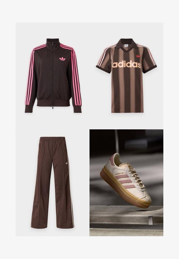 Zwarte sportjas met ritssluiting, roze strepen op de mouwen en een roze Adidas-logo op de borst, afgebeeld op een effen achtergrond.; Bruine gestreepte Adidas polo met V-hals, bordeauxrode kraag en rood logo. Heeft witte en rode schouderstrepen, korte mouwen.; Bruine sportbroek met een wijd uitlopende pijp, witte zijstrepen, een elastische tailleband en twee zijzakken. Heeft een klein logo op het been.; Witte suède sneakers met roze accenten, voorzien van drie strepen en een gouden logo. Textuur in de neuskap en een bruine rubberen zool. Klassiek ontwerp.