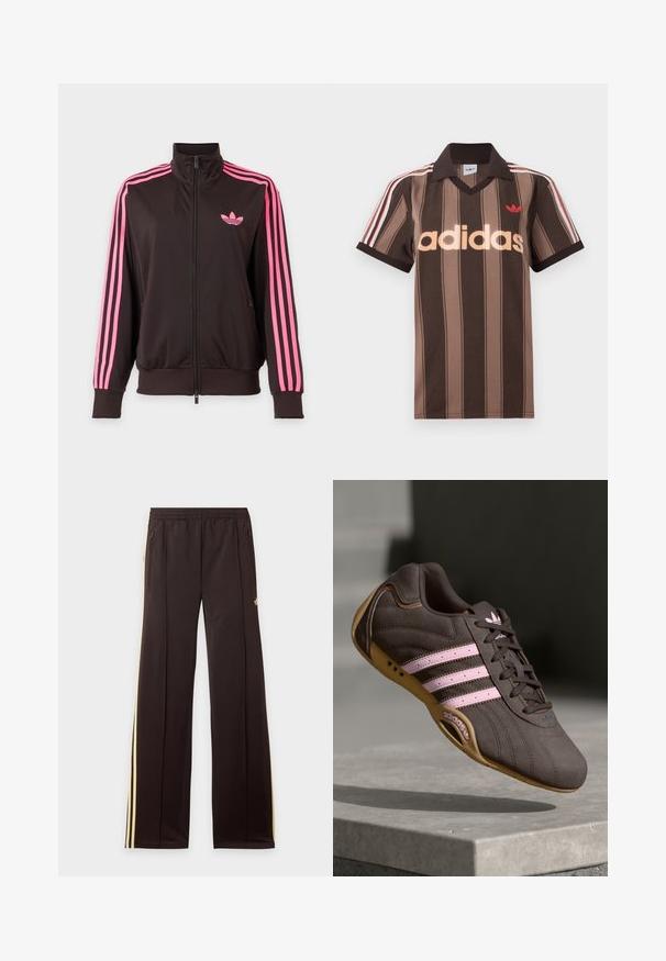 Sort sportstrøje med lynlås, rosa striber på ærmerne og et pink Adidas-logo på brystet, vist på en ensfarvet baggrund.; Brunstribet Adidas polo-shirt med V-hals, bordeaux krave og rødt logo. Har hvide og røde skulderstriber samt korte ærmer.; Sorte træningsbukser med gule sidelister, elastisk taljebånd, lynlåslommer i siderne og en lille logo på den øvre lår.; Brune ruskind atletik sko med pink striber og logo, med en tekstureret overdel, snørebåndslukning og en gummirubbersål.