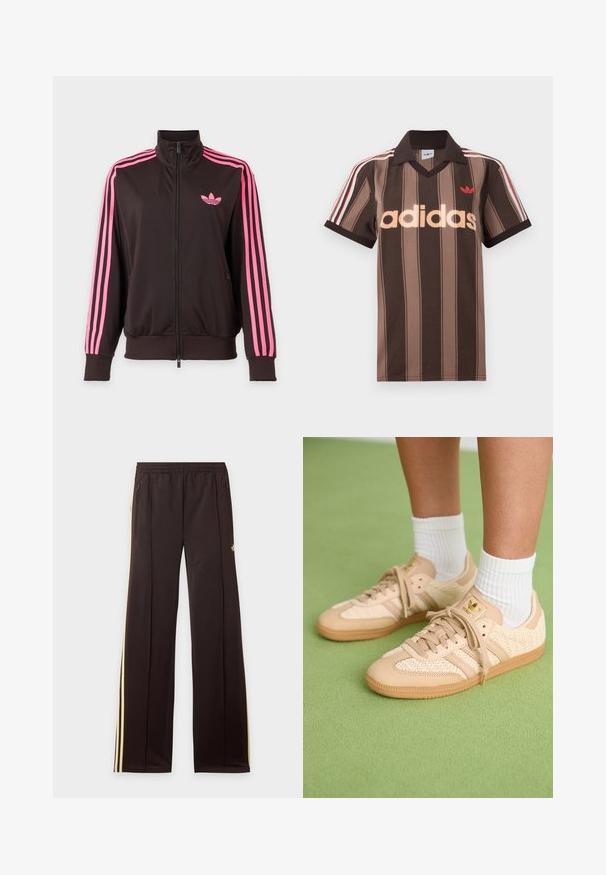 Zwarte sportjas met ritssluiting, roze strepen op de mouwen en een roze Adidas-logo op de borst, afgebeeld op een effen achtergrond.; Bruine gestreepte Adidas polo met V-hals, bordeauxrode kraag en rood logo. Heeft witte en rode schouderstrepen, korte mouwen.; Zwarte trainingsbroek met gele zijstrepen, elastische tailleband, ritszakken aan de zijkant en een klein logo op het bovenbeen.; Voeten in beige geweven Adidas sneakers met gumzolen en witte enkelsokken op een groene gestructureerde vloer.