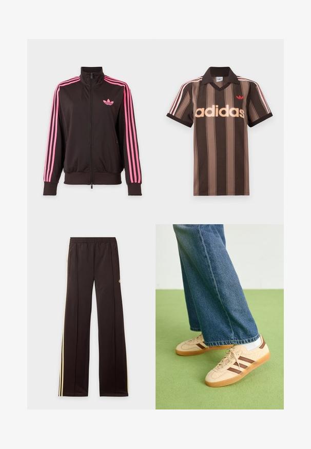 Sort sportstrøje med lynlås, rosa striber på ærmerne og et pink Adidas-logo på brystet, vist på en ensfarvet baggrund.; Brunstribet Adidas polo-shirt med V-hals, bordeaux krave og rødt logo. Har hvide og røde skulderstriber samt korte ærmer.; Sorte træningsbukser med gule sidelister, elastisk taljebånd, lynlåslommer i siderne og en lille logo på den øvre lår.; Beige sneakers med teksturerede cremefarvede paneler og brune striber, parret med blå denim jeans. Jeansene har brede ben og en frynset kant.