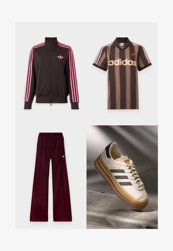 Čierna športová bunda na zips s ružovými pruhmi na rukávoch a ružovým logom Adidas na hrudi, zobrazená na jednoduchom pozadí.; Hnedé prúžkované polo tričko Adidas s výstrihom do V, bordovým golierom a červeným logom. Má bielo-červené pruhy na ramenách a krátke rukávy.; Bordo športové nohavice s voľným strihom, vyrobené z hladkého materiálu, s dvomi bočnými vreckami a bielymi kontrastnými prúžkami po stranách.; Tenisky Adidas Gazelle so smotanovým semišovým horným dielom, modrými koženými akcentmi, tromi modrými pruhmi, béžovou medzipodrážkou a hnedou gumovou podrážkou.