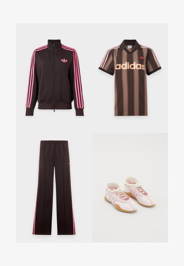 Čierna športová bunda na zips s ružovými pruhmi na rukávoch a ružovým logom Adidas na hrudi, zobrazená na jednoduchom pozadí.; Hnedé prúžkované polo tričko Adidas s výstrihom do V, bordovým golierom a červeným logom. Má bielo-červené pruhy na ramenách a krátke rukávy.; Čierne športové nohavice s ružovými bočnými pruhmi, elastickým pásom, vreckami so zipsom a logom Adidas na ľavom stehne.; Ružové plátené tenisky s jemnou textúrou, s dizajnom na šnurovanie a gumovou podrážkou. Dekoratívne akcenty a tri pruhy na boku.