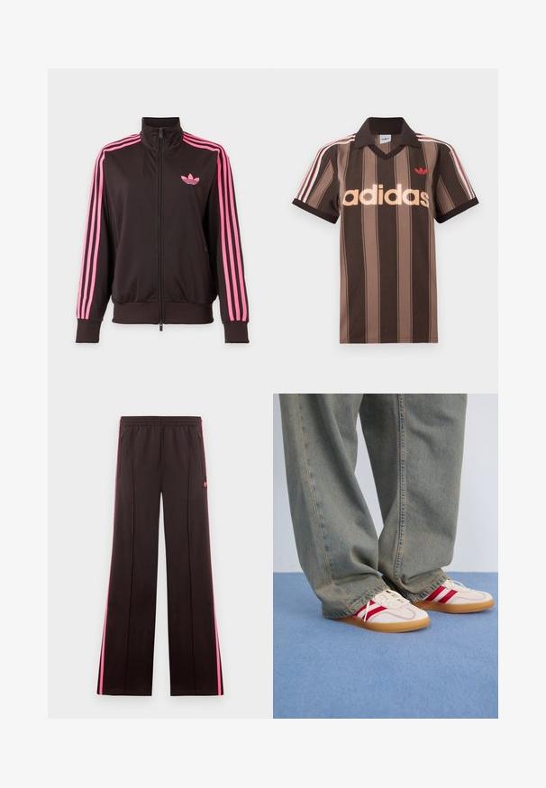 Chaqueta deportiva negra con cremallera, con rayas rosas en las mangas y un logo rosa de Adidas en el pecho, mostrada sobre un fondo sencillo.; Polo Adidas marrón con rayas, cuello en V, cuello burdeos y logo rojo. Presenta rayas blancas y rojas en los hombros, mangas cortas.; Pantalones deportivos negros con franjas laterales rosas, cintura elástica, bolsillos con cremallera y logo de Adidas en el muslo izquierdo.; Zapatillas blancas con rayas rojas, parte superior de lona texturizada, puntera redonda, suela plana de goma, combinadas con pantalones vaqueros azul claro y holgados.