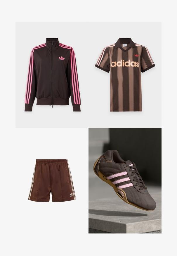 Zwarte sportjas met ritssluiting, roze strepen op de mouwen en een roze Adidas-logo op de borst, afgebeeld op een effen achtergrond.; Bruine gestreepte Adidas polo met V-hals, bordeauxrode kraag en rood logo. Heeft witte en rode schouderstrepen, korte mouwen.; Bruine sportshorts van gladde stof met een relaxte pasvorm, voorzien van witte zijkanten en een geborduurd logo op de linkerbovenrand.; Bruine suède sport schoen met roze strepen en logo, voorzien van een gestructureerde bovenkant, vetersluiting en een gumrubberen zool.
