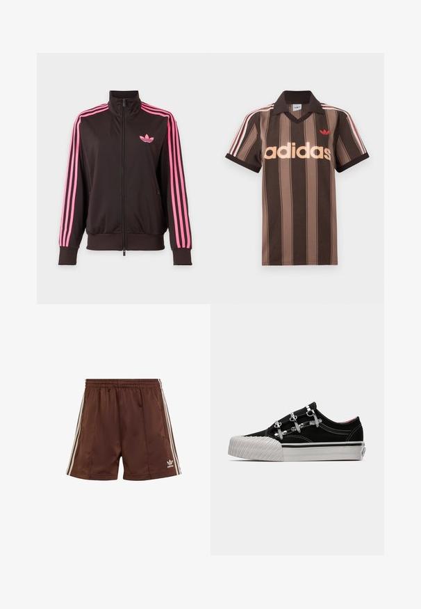 Veste de sport noire zippée avec des rayures roses sur les manches et un logo Adidas rose sur la poitrine, présentée sur un fond uni.; Polo Adidas rayé marron avec col en V, col bordeaux, et logo rouge. Comprend des rayures blanches et rouges sur les épaules, manches courtes.; Shorts de sport marron en tissu lisse avec une coupe décontractée, présentant des rayures blanches sur les côtés et un logo brodé en bas à gauche.; Baskets en toile noires avec accessoires en métal argenté, dotées d'une languette rembourrée, d'une semelle en caoutchouc blanche et d'un embout arrondi strié. Couture contrastante sur les côtés.