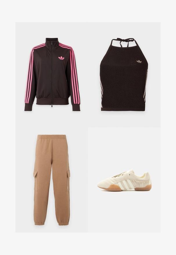 Sort sportstrøje med lynlås, rosa striber på ærmerne og et pink Adidas-logo på brystet, vist på en ensfarvet baggrund.; Sort mesh halter crop top med tekstureret design. Har pink accentstriber og en lille logo foran. Lukning med bånd bagpå.; Beige cargo-bukser lavet af blødt stof med elastisk midte, omslag ved anklerne og sidelommer, med en lille logo-detalje.; Lavprofileret beige sneaker med tre hvide striber, teksturerede ruskindssidepaneler, gummisål og snørelukning på ensfarvet baggrund.