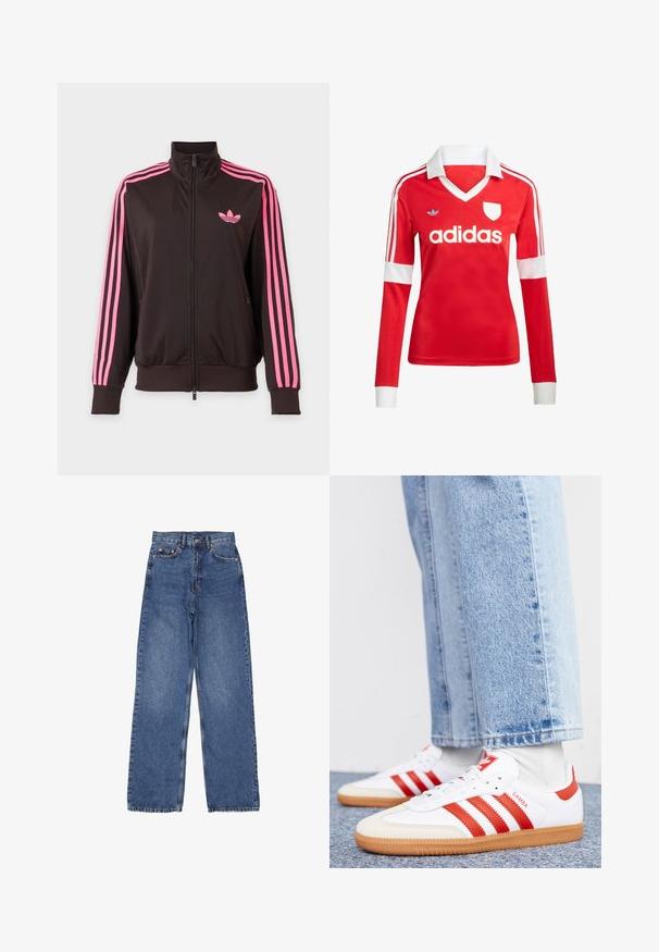 Schwarze Sportjacke mit Reißverschluss, pinken Streifen an den Ärmeln und einem pinken Adidas-Logo auf der Brust, dargestellt vor einem schlichten Hintergrund.; Rotes Fußballtrikot mit langen Ärmeln, weißem Kragen und weißen Ärmelbündchen. Es hat drei weiße Streifen auf den Schultern und das "adidas"-Logo ist auffällig platziert.; Jeans aus Denim mit hoher Taille und weitem Bein, in einer klassischen blauen Waschung, mit sichtbaren Nähten und metallischen Verzierungen an der Vordertasche.; Weiße Leder Sneaker mit roten Streifen und Akzenten. Verfügt über eine strukturierte Gummi-Laufsohle und einen gepolsterten Schaft. Tragen mit hellblauer Jeans.