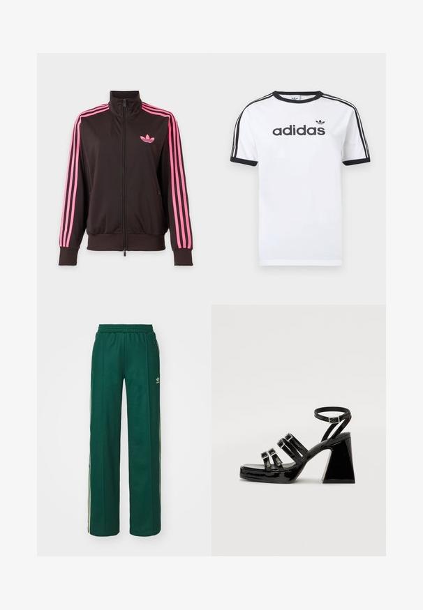 Čierna športová bunda na zips s ružovými pruhmi na rukávoch a ružovým logom Adidas na hrudi, zobrazená na jednoduchom pozadí.; Biele bavlnené tričko s čiernymi akcentmi, so zapínaním okolo krku, krátkymi rukávmi, tromi čiernymi pruhmi na ramenách a čiernym logom „adidas“.; Tmavohnedé športové nohavice s voľným strihom, s nastaviteľným pásom na šnúrku, postrannými vreckami a smotanovými pruhmi po stranách.; Čierne lakované sandále na podpätku so štvorcovou špičkou, viacerými popruhmi, nastaviteľným členkovým popruhom a robustným geometrickým podpätkom.