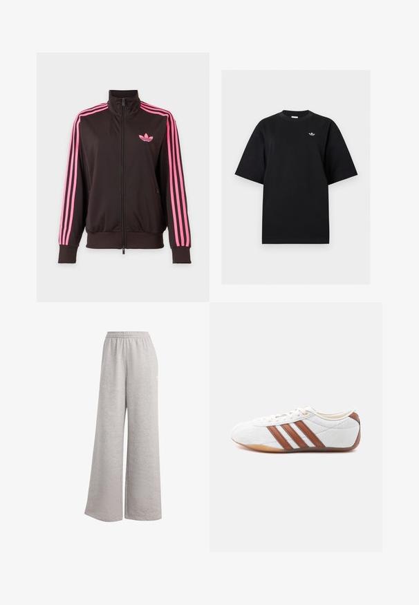 Zwarte sportjas met ritssluiting, roze strepen op de mouwen en een roze Adidas-logo op de borst, afgebeeld op een effen achtergrond.; Zwart T-shirt met korte mouwen en ronde hals met klein wit Adidas Trefoil-logo op de linkerborst, weergegeven op een effen lichte achtergrond.; Lichtgrijze sweatpants met een losse pasvorm, elastische tailleband en zachte textuur. Heeft subtiele branding aan één kant. Casual ontwerp.; Witte lage sneaker met bruine leren strepen, veterluiting en een zool van gumrubber, gezien vanaf de binnenkant op een witte achtergrond.