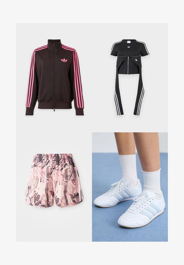 Chaqueta deportiva negra con cremallera, con rayas rosas en las mangas y un logo rosa de Adidas en el pecho, mostrada sobre un fondo sencillo.; Top negro de manga corta con rayas blancas de Adidas en las mangas, detalle de cremallera en el frente y paneles de tela extendidos colgando con tres rayas blancas.; Shorts de color rosa y marrón con un estampado, un cinturón elástico y franjas laterales, que presentan un diseño gráfico que se asemeja a follaje y ramas.; Zapatillas deportivas de cuero blanco con rayas azul claro, punta texturizada y calcetines blancos tipo crew. Exhibidas sobre una superficie de alfombra azul.