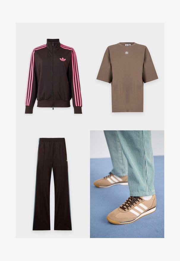 Čierna športová bunda na zips s ružovými pruhmi na rukávoch a ružovým logom Adidas na hrudi, zobrazená na jednoduchom pozadí.; Hnedé bavlnené tričko s krátkymi rukávmi, okrúhlym výstrihom a bielym logom Adidas umiestneným na hrudi, s jednoduchým dizajnom a voľným strihom.; Čierne široké teplákové nohavice s svetlomodrými bočnými pruhmi, elastickým pásom, vreckami na zips a logom Adidas na ľavom bedre.; Svetlé semišové a sieťovinové tenisky s hnedými šnúrkami a tromi bielymi pruhmi. V kombinácii so zelenými a bielymi pruhovanými nohavicami, položené na modrom povrchu.