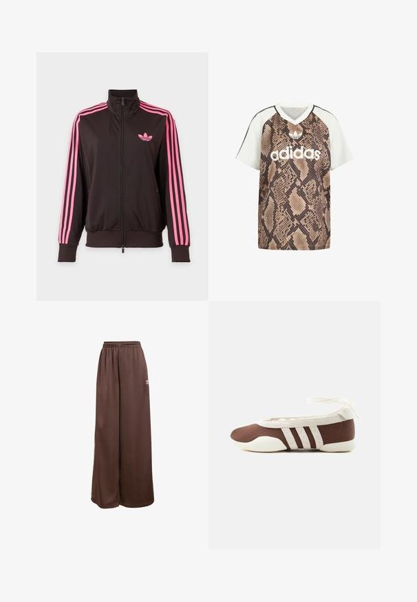 Čierna športová bunda na zips s ružovými pruhmi na rukávoch a ružovým logom Adidas na hrudi, zobrazená na jednoduchom pozadí.; Tričko Adidas s krátkym rukávom a strihom do V, s bielymi rukávmi a hnedým hadím vzorom na tele, s bielym logom Adidas a emblémom trefoil vpredu.; adidas Originals Tepláky - auburn cream white; Hnedá a biela baletná balerína s tromi bielymi pruhmi a mašľou na zviazanie okolo členku na jednoduchom svetlom pozadí.