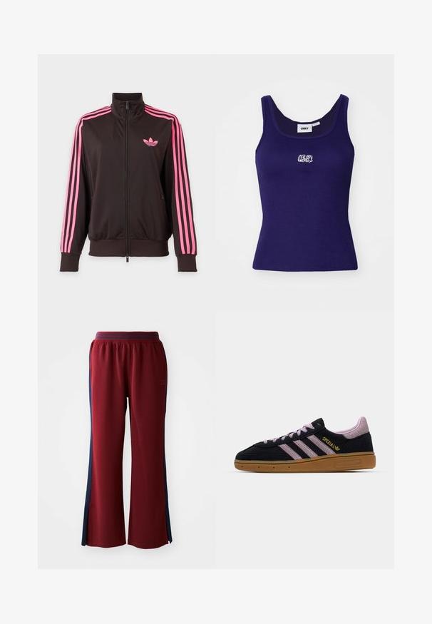 Sort sportstrøje med lynlås, rosa striber på ærmerne og et pink Adidas-logo på brystet, vist på en ensfarvet baggrund.; Marineblå ribbet tanktop med ærmeløs design, der har et lille hvidt broderet logo på brystet og en afrundet halsudskæring.; Røde sweatpants med en løs pasform, med marineblå sidelister og et bredt ben design. Elastisk talje for komfort.; Sort og pink ruskinds-sneakers med gummisål, tre pink striber, gyldent "SPEZIAL" branding og tekstureret gummisål. Lavt design.