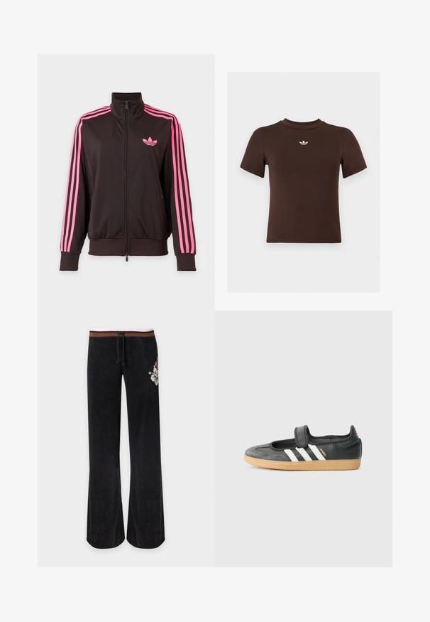 Sort sportsjakke med glidelås, rosa striper på ermene og en rosa Adidas-logo på brystet, vist på en ensfarget bakgrunn.; Brun tettsittende t-skjorte med korte ermer med en liten hvit Adidas-logo sentrert under halslinningen.; Svarte vidbukser med brunt og rosa stripet midjebånd, snor og hvit blomsterbroderi på høyre hofte.; Svarte lær- og semskede sneakers med borrelås, med tre hvite striper og en gummisåle, merket "SAMBA" på siden.