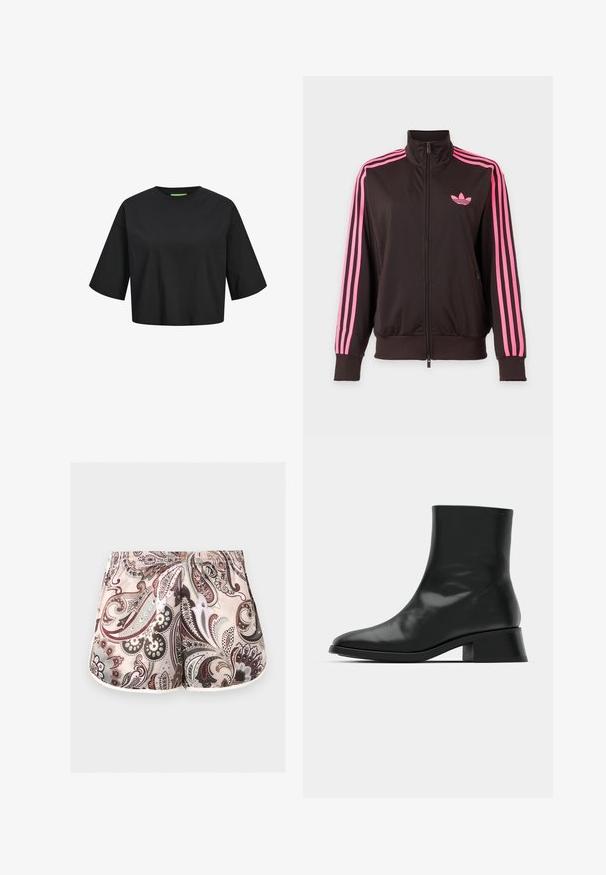 Musta vetoketjullinen urheilutakki, jossa vaaleanpunaiset raidat hihoissa ja vaaleanpunainen Adidas-logo rinnassa, esitetty yksinkertaisella taustalla.; Musta puuvillainen lyhythihainen crop-top, jossa on pyöreä kaula-aukko, lyhyet hihat ja vihreä etiketti kaula-aukossa. Sujuva, pehmeä rakenne.; Lyhyet naisten shortsit, joissa on joustava vyötärönauha ja monimutkaiset paisley-kuviot beige, ruskean, harmaan ja valkoisen sävyissä.; Mustan nilkkuri kiiltävästä nahasta, jossa on tyylikäs muotoilu, terävä kärki ja kohtalaisen tukevat korkeat korot vakautta varten.