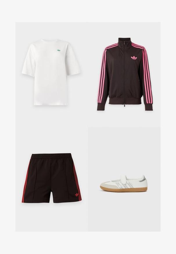 Sort sportstrøje med lynlås, rosa striber på ærmerne og et pink Adidas-logo på brystet, vist på en ensfarvet baggrund.; Hvid t-shirt lavet af bomuld, med korte ærmer og rund hals. Et lille grønt logo er placeret på venstre brystområde.; Sorte atletikshorts med elastisk talje, røde sidelister, lynlåslommer og rød Adidas Trefoil-logo på venstre ben.; Hvid sneaker med sølvstriber, ruskindsspids og velcrolukning. Sål af tekstureret gummimateriale. Minimalistisk design med glat finish.