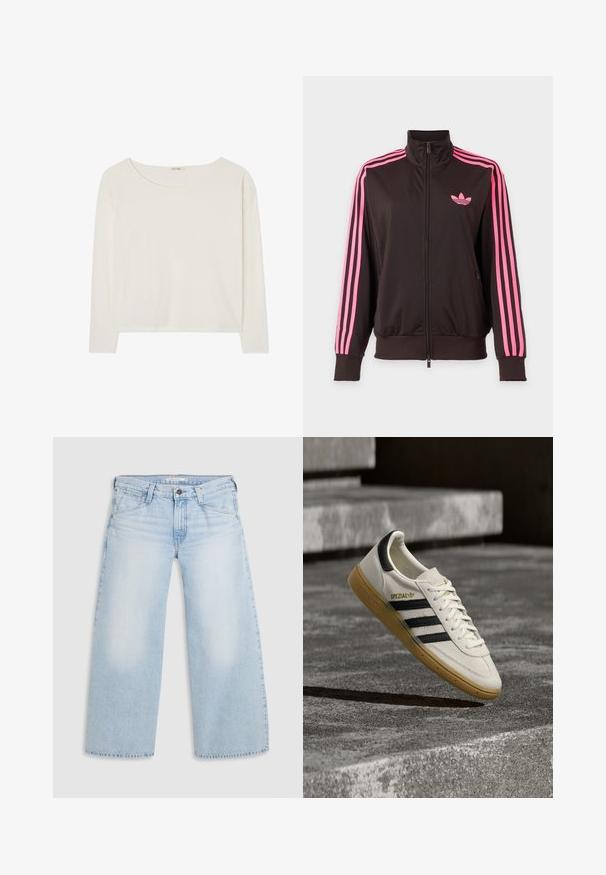 Zwarte sportjas met ritssluiting, roze strepen op de mouwen en een roze Adidas-logo op de borst, afgebeeld op een effen achtergrond.; Witte lange mouwen top met een ronde halslijn, lichtgewicht katoenen stof en een losse pasvorm. Eenvoudig ontwerp zonder patronen of versieringen.; Lichtblauwe wijde jeans gemaakt van denim. Kenmerken zijn een rechte snit, een vijfzakkenontwerp en een knoopsluiting aan de taille.; Witte Adidas Spezial sneaker met zwarte strepen en gumzool, zwevend boven grijze stenen trappen buiten.