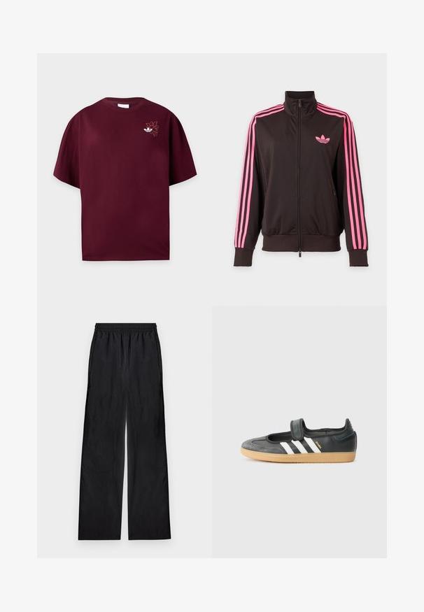 Black zip-up sports jacket with pink stripes on sleeves and a pink Adidas logo on the chest, displayed on a plain background.; Maroon short-sleeve T-shirt with round neck and small white Adidas logo with floral embroidery on the left chest.; Black wide-leg pants with elastic waistband, made of lightweight fabric, displayed flat on a light background.; Black leather and suede sneaker with a Velcro strap, featuring three white stripes and a gum sole, labeled "SAMBA" on the side.