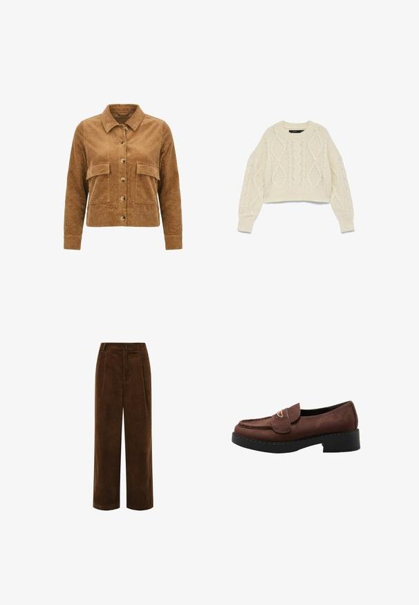 Veste en velours côtelé marron à boutons, avec deux poches avant à rabat et un col classique, présentée sur fond blanc.; Pull court couleur crème à maille torsadée avec manches longues et poignets et ourlet côtelés, posé à plat sur fond blanc.; Pantalon large en velours côtelé marron avec fermeture à boutons sur le devant, poches latérales et taille haute.; Mocassin en daim marron avec un talon épais noir et détail métallique doré sur la bride, vue latérale sur fond blanc.