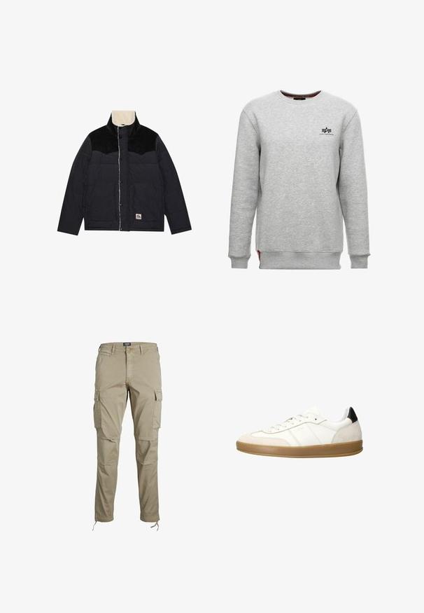 Zwarte pufferjas met corduroy schouderaccenten, crèmekleurige fleece kraag, drukknoopsluitingen en een klein logopatch aan de voorkant.; Grijze sweatshirt van een gestructureerde katoenmix, met een ronde hals, geribbelde manchetten en een klein zwart logo op de borst.; Jack & Jones Cargo Tapered Fit - Cargobroek - dune; Witte leren en suède sneaker met een gumrubberen zool, vetersluiting, gepadded kraag en zwarte leren accent bij de hak.
