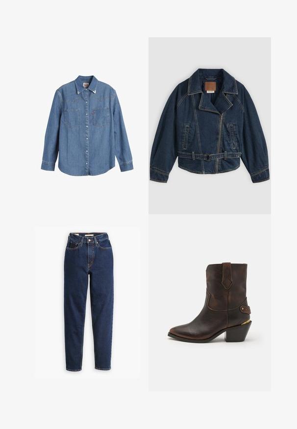 Dunkelblaue Jeansjacke mit weitem Kragen, Reißverschluss, Seitentaschen und Gürtel in der Taille, flach auf einem grauen Hintergrund liegend.; Hellblaues Denim-Hemd mit langen Ärmeln, spitzem Kragen, zwei Brusttaschen und kontrastierenden Nähten. Verfügt über ein Design mit Westernstil-Yoke.; Dunkelblaue Jeans aus Denim mit hoher Taille, Fünf-Taschen-Design und geraden Beinen. Kontrastnähte und Knopfverschluss.; Braune Leder-Cowboystiefel mit spitzer Zehe und gestapeltem Absatz. Verfügt über ein dekoratives Diamantmuster und einen Riemen mit Hardware-Akzenten.