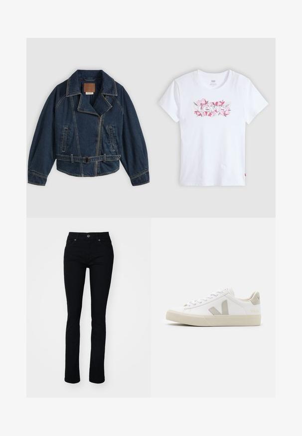 Donkerblauwe spijkerjas met brede kraag, ritssluiting, zijzakken en een riem in de taille, plat liggend op een grijze achtergrond.; Witte katoenen T-shirt met een bloemenprint "Levi's" logo in roze, korte mouwen en een ronde hals. Soepele textuur, eenvoudige pasvorm.; Zwarte denim jeans met een slim fit, vijf-pocket ontwerp, ritssluiting en knoopsluiting. Glad textuur en lichte rek voor comfort.; Witte sneakers van leer met grijze V-logo accenten, een gestructureerde rubberen zool, witte veters en een gevoerde tong en kraag.