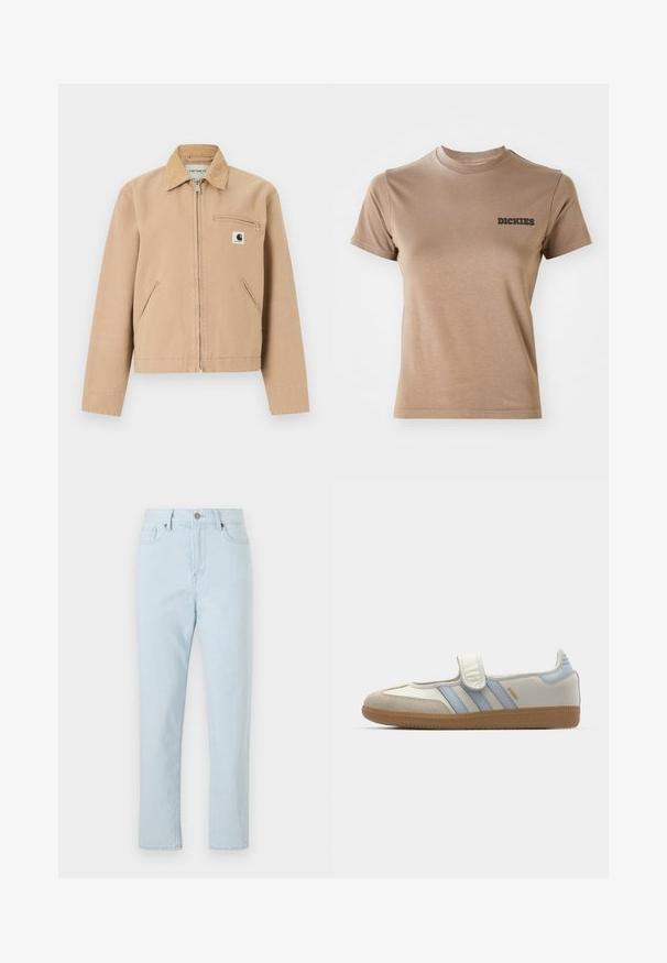 Beige Arbeitsjacke mit Frontreißverschluss, Cordkragen, Seitentaschen und einer Brusttasche mit Reißverschluss sowie Carhartt-Logo-Patch.; Braunes Baumwoll-T-Shirt mit kurzen Ärmeln und rundem Halsausschnitt. Mit einem schwarzen "DICKIES"-Logo auf der linken Brustseite. Glatte Textur.; Hoch taillierte hellblau gerade geschnittene Jeans mit vorderen Taschen, Gürtelschlaufen, Knopfverschluss und sichtbaren Nähten entlang der Beine.; adidas Originals SAMBA JANE BALLERINA - Riemchenballerina - cloud white/halo blue