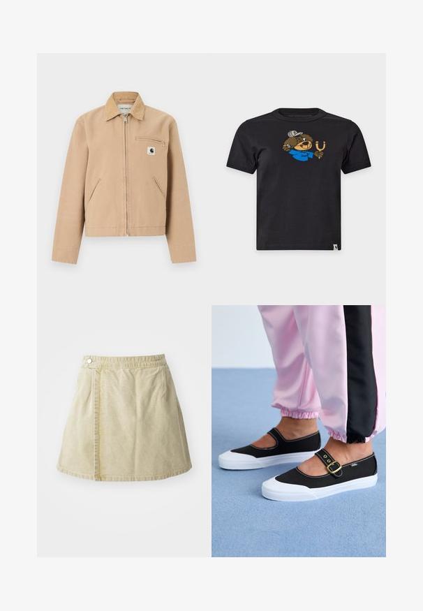 Chaqueta de trabajo beige con cremallera frontal, cuello de pana, bolsillos laterales y bolsillo en el pecho con cremallera y parche con el logo de Carhartt.; Camiseta negra de manga corta con un castor de dibujos animados que lleva una camisa azul y una gorra sosteniendo una honda, logo de Carhartt en el dobladillo inferior.; Minifalda caqui hecha de tela suave, con un cierre de botón lateral, textura lisa y una silueta ligeramente acampanada con un dobladillo por encima de la rodilla.; Zapatillas de lona negras con suela blanca, con un diseño recortado y una correa con hebilla dorada. Combinadas con pantalones de chándal rosas.