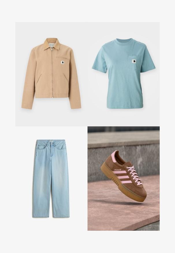 Beige Arbeitsjacke mit Frontreißverschluss, Cordkragen, Seitentaschen und einer Brusttasche mit Reißverschluss sowie Carhartt-Logo-Patch.; Helles blaues, kurzärmliges Baumwoll-T-Shirt mit Brusttasche, das mit einem kleinen schwarz-weißen Carhartt-Logo-Patch versehen ist.; Helles blaugraues, hoch geschnittenes, weit geschnittenes Jeansmodell aus Denim, mit fünf Taschen, einem Reißverschluss und subtilen Verfärbungen an den Beinen.; Brauner Wildleder-Sneaker Adidas Spezial mit pinken Streifen, Schnürsenkeln und Fersendetail, schwebend über einer Steinoberfläche gezeigt.