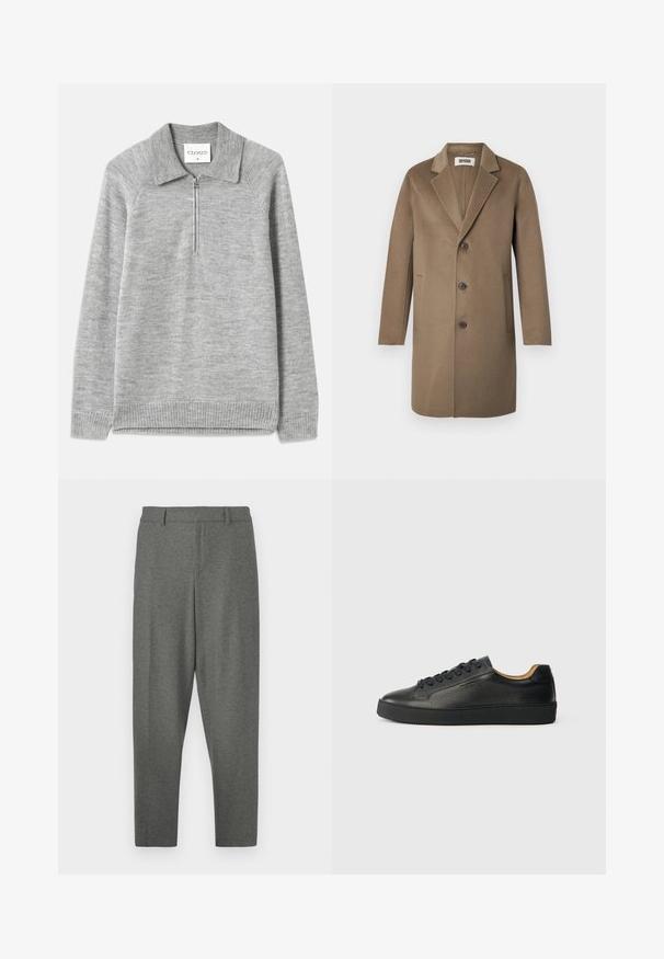 Abrigo de lana marrón con solapa muesca, tres botones, bolsillos laterales y una textura suave. Corte ajustado con un diseño clásico.; Suéter gris de punto con cuello y media cremallera. Fabricado en un material de punto suave, presenta un dobladillo y mangas acanalados, con una textura lisa.; Pantalones gris ajustados fabricados con una tela suave. Presentan una cinturilla, pasadores para cinturón y un diseño de pierna ajustada. Textura suave, sin patrones.; Zapatilla negra de cuero de caña baja con superficie texturizada, cordones negros y suela de goma gruesa, mostrada de lado sobre un fondo claro.
