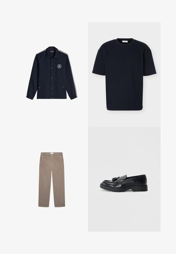 Marineblaue Jacke mit Knopfverschluss, weißen Streifen an den Ärmeln, zwei Fronttaschen und einem runden Marc O’Polo-Logo auf der linken Brust.; Schwarzes T-Shirt mit kurzen Ärmeln und Rundhalsausschnitt, lockerer Passform und dezent texturiertem Stoff, auf einem schlichten hellen Hintergrund präsentiert.; Braune gerade geschnittene Jeans mit fünf Taschen, metallischen Beschlägen und einer glatten Textur. Der Stoff hat ein dezentes, gleichmäßiges Muster.; Schwarze Lederloafers mit glanzendem Finish, klobiger Gummisohle und dekorativem Quastendetail auf der Vorderseite.