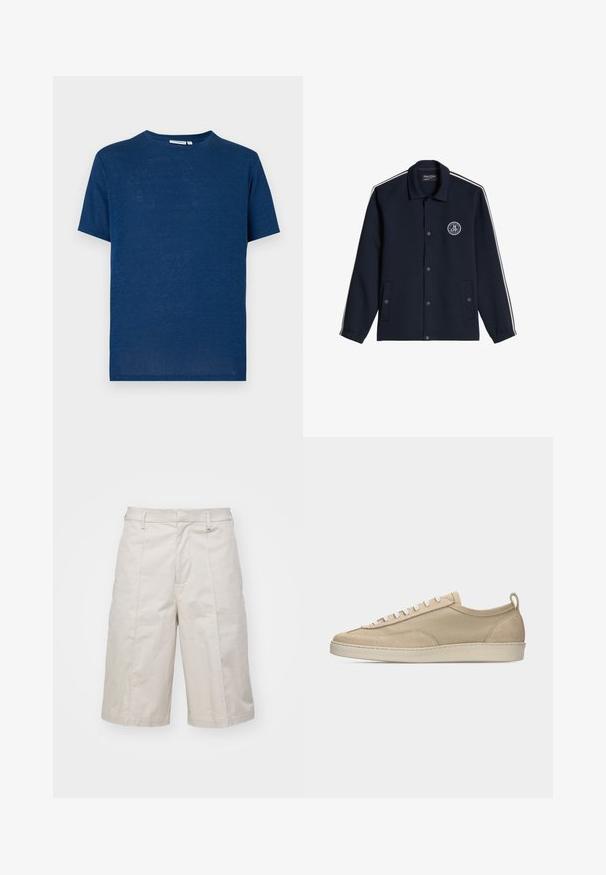 Veste bleu marine avec fermeture à boutons, bandes blanches sur les manches, deux poches avant et un logo circulaire Marc O’Polo sur la poitrine gauche.; T-shirt uni bleu marine à manches courtes, col rond, coupe régulière, présenté sur un fond gris clair.; Shorts en coton beige avec une coupe droite, longueur genoux, dotés de deux poches frontales et de plis subtils pour une texture supplémentaire.; Baskets beige basses avec tige en tissu et daim, lacets blancs, semelle en caoutchouc et languette à l'arrière, présentées en profil latéral sur fond blanc.