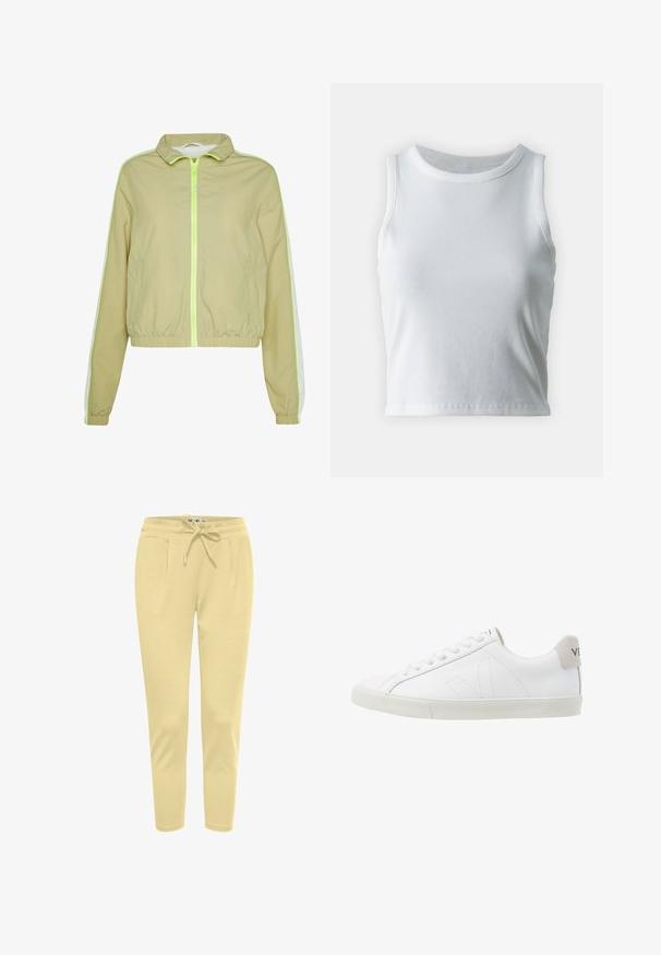 Veste coupe-vent verte claire avec une fermeture éclair à l'avant, une taille élastique et des rayures blanches sur les côtés. Fabriquée dans un matériau lisse et léger.; Débardeur blanc côtelé avec un décolleté rond et sans manches, présentant un ourlet droit et une texture lisse et extensible.; Pantalons de jogging jaune clair en tissu doux, avec une taille élastique munie d'un cordon de serrage et des poches latérales.; Baskets en cuir blanc avec une semelle en caoutchouc texturée et blanc cassé. Les caractéristiques incluent des lacets, des coutures discrètes et un accent en daim gris au niveau du talon.