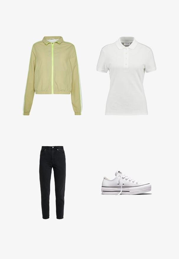 Lys grøn vindjakke med en frontlynlås, elastisk talje og hvide sidelister. Lavet af et glat, let materiale.; Hvid polo-shirt lavet af tekstureret bomuld, med en klassisk krave, tre-knaps placket og et lille Lacoste-logo på brystet.; High-waist sort denim jeans med forreste knap og lynlås, to forlommer og en tilspidset ben foran på en hvid baggrund.; Lavtop hvid lærredsneaker med hvide snørebånd, gummisål, sorte stribedetaljer og logo-patch på tungen og hælen.