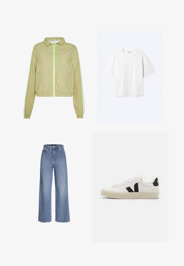 Lichtgroene windbreakerjas met een voorkant rits, elastische tailleband en witte zijstrepen. Gemaakt van een gladde, lichte stof.; Witte T-shirt met korte mouwen en een ronde hals met rechte zoom, met een "WEEKDAY" merklabel aan de binnenkant van de hals.; Lichtblauwe denim jeans met hoge taille, brede pijpen, voor knoop- en ritssluiting en een ontwerp met vijf zakken.; Witte leren sneaker met zwart rubberen V-logo. Getextureerde off-white zool, witte veters en een achterkant met een detail van de merknaam in het zwart.