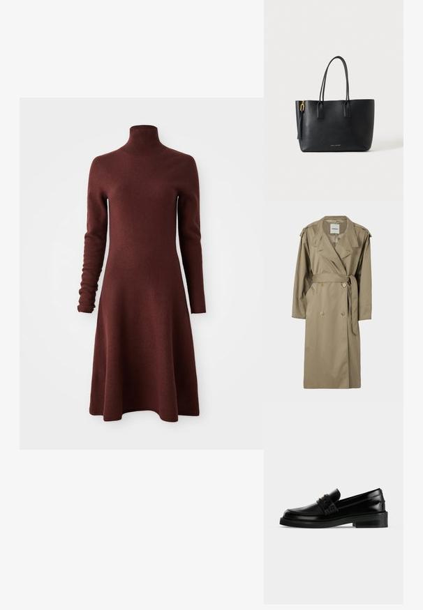 Tan trenchcoat met dubbelbreasted knopen, een ceintuur in de taille en zijzakken. Bevat schouderstukken en een klassiek kraagontwerp.; Langermige, hoge nek, bordeaux gebreide jurk met een geflared rok, weergegeven op een witte achtergrond.; Zwarte gepolijste leren loafer met lage blokhak, moc toe stiksels en een decoratieve band aan de bovenkant.; Zwart leren tote tas met twee handvaten, gouden rits-schuiver en klein gouden Marc Jacobs-logo op de voorkant.