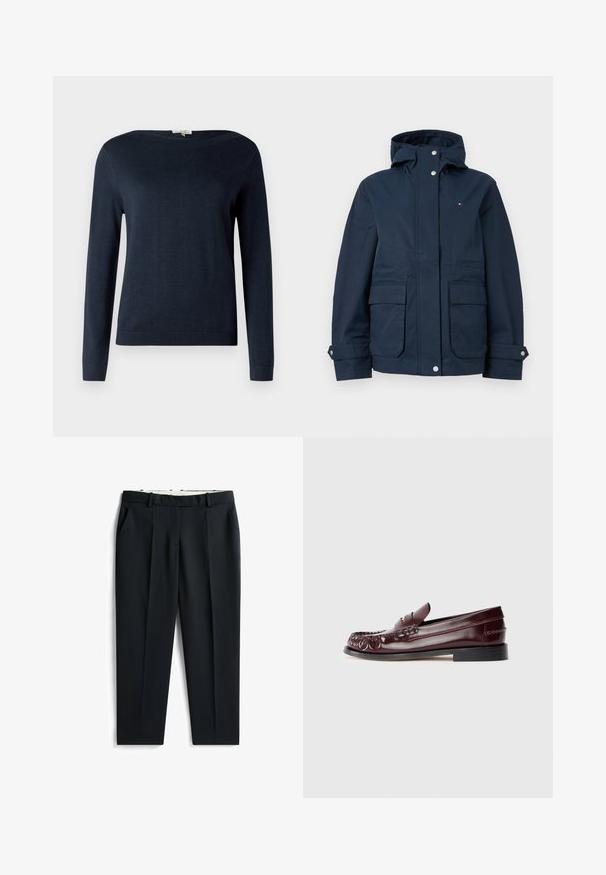 Veste à capuche bleu marine avec fermeture à boutons-pression à l'avant, deux poches à rabat, poignets ajustables et petit logo sur la poitrine.; Pull en tricot bleu marine à manches longues et col rond, avec des poignets et un ourlet côtelés, présenté sur un fond blanc uni.; Pantalons noirs sur mesure, devant plissé, tissu lisse, poches standard, passants de ceinture, coupe droite, et finition soignée.; Mocassin penny en cuir bordeaux avec semelle noire et détail en métal doré sur le dessus, présenté en vue latérale sur fond blanc.