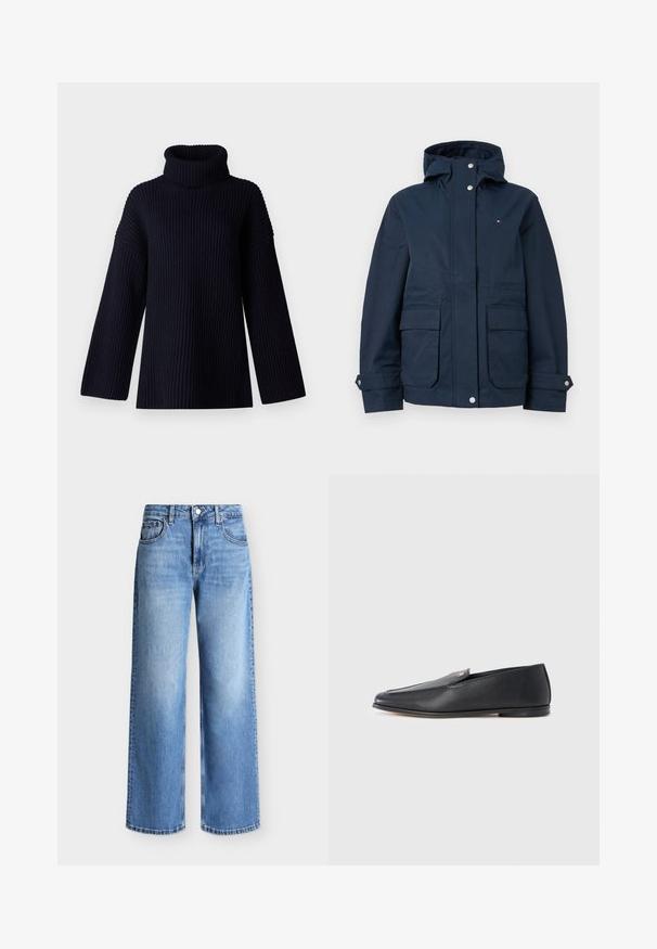 Mørkeblå hættetrøjejakke med frontlukning med trykknapper, to klaplommer, justerbare manchetter og lille logo på brystet.; Marineblå turtleneck sweater med ribbet tekstur, brede ærmer og en afslappet pasform. Blødt materiale og minimalistisk design.; Blå denim jeans med lige ben, fem lommer og lukning med knap og lynlås, vist mod en ensfarvet lys baggrund.; Sorte læderloafers med en glat tekstur, rundet tå og subtile syningsdetaljer. Har en guldfarvet logoaccent på oversiden.