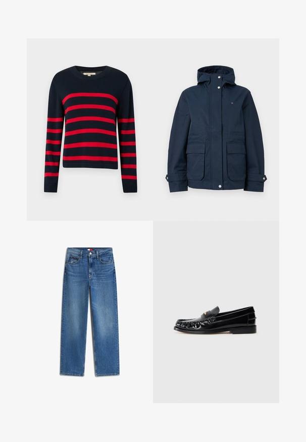 Veste à capuche bleu marine avec fermeture à boutons-pression à l'avant, deux poches à rabat, poignets ajustables et petit logo sur la poitrine.; Pull tricoté bleu marine avec des rayures rouges horizontales, col rond et poignets côtelés. Manches mi-longues avec un ourlet droit.; Jean bleu taille haute à coupe droite, fermeture par bouton et zip à l’avant, poches avant et arrière, avec un léger effet délavé sur les cuisses.; Mocassins en cuir noir avec un bout arrondi, des coutures décoratives et un petit accent doré sur le dessus. Semelle en caoutchouc plate, design épuré.