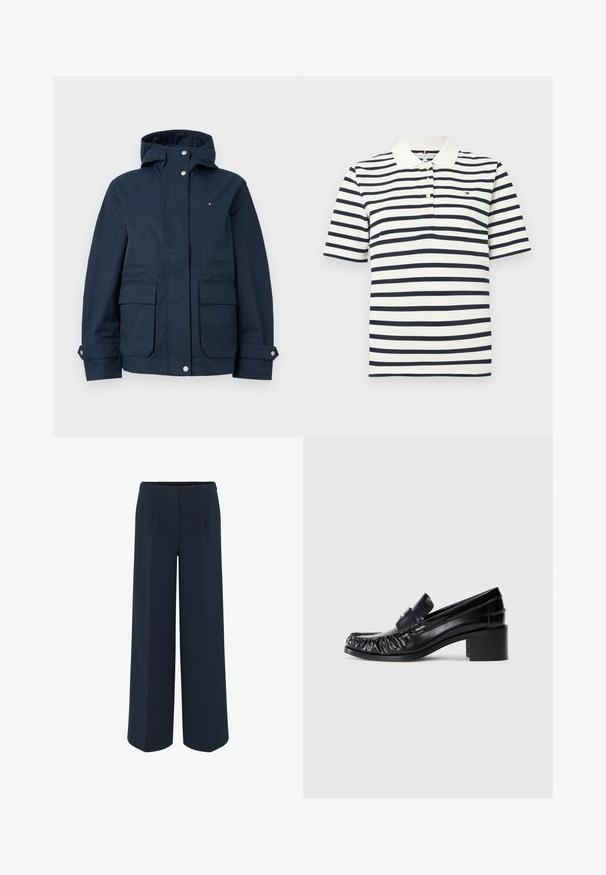 Marineblaue Kapuzenjacke mit vorderer Druckknopfleiste, zwei Klappentaschen, verstellbaren Manschetten und kleinem Logo auf der Brust.; Weiß und dunkelblau gestreiftes Poloshirt mit kurzen Ärmeln, weißem Kragen und drei Knöpfen vorne.; Weite Hose in Dunkelblau, aus glattem Stoff, mit maßgeschneiderten Falten und hohem Taillendesign. Keine sichtbaren Taschen oder Verzierungen.; Schwarze Lederloafers mit einem gerafften Vorderteil, runder Spitze und Blockabsatz. Sie verfügen über einen dekorativen Riemen und eine Steppnaht entlang der Kanten.